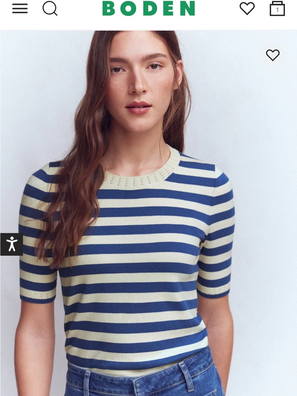 Boden Short-Sleeve Crew Neck Sweater in Navy and Cream Stripes